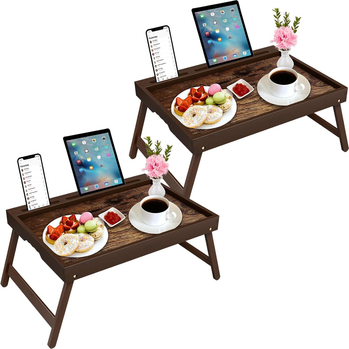 2 Pack Bamboo Breakfast Tray with Foldable Legs & Detachable Stand | Ergonomic Handle | Portable Bed Tray for Eating, Working, Laptop, Tablet, and Phone