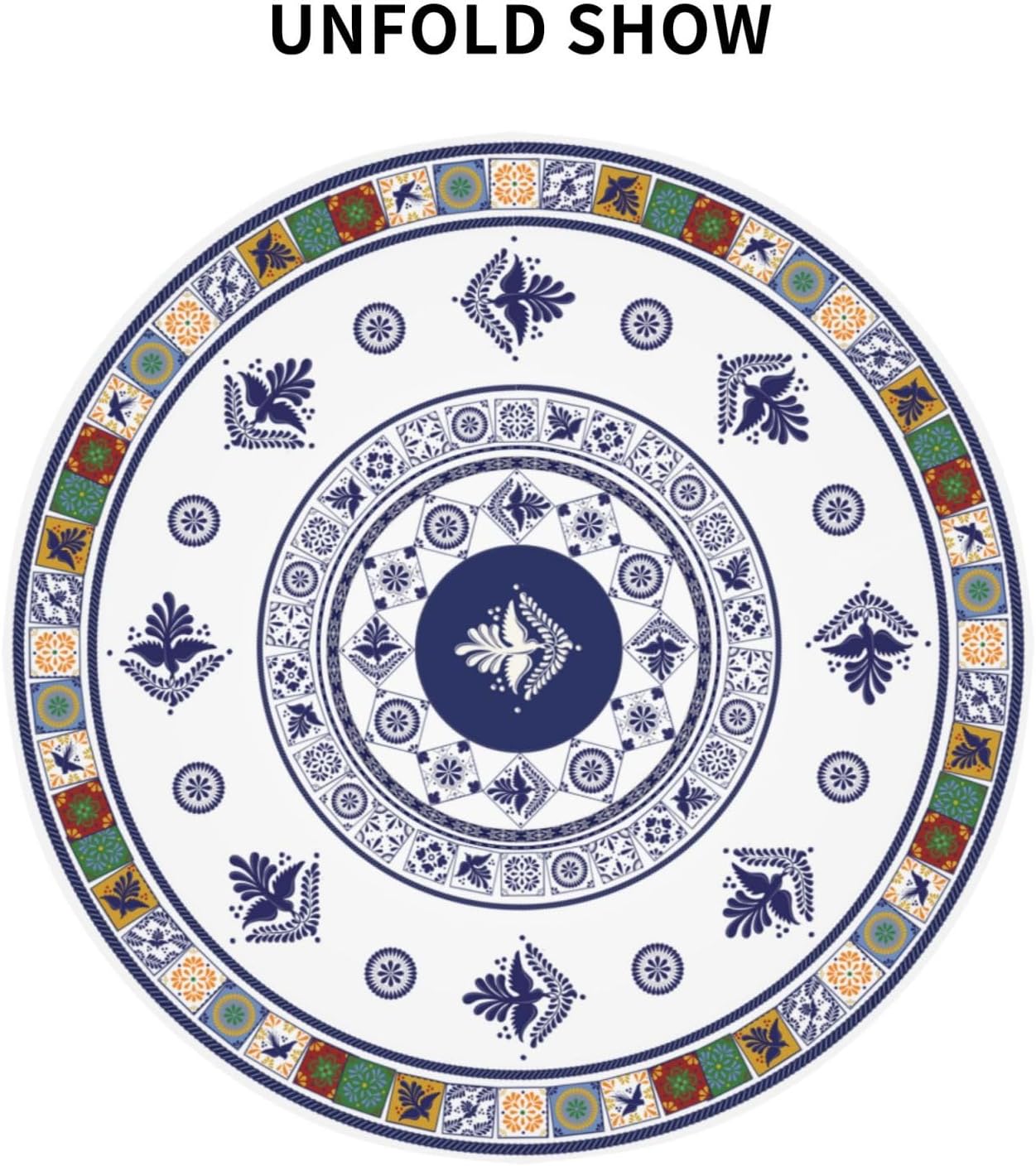Mexican Round Tablecloth, Floral Bird Talavera Ceramic Tile Dia De Los Muertos Azulejo Mosaic Water Resisitant Table Cover for Dining Kitchen Living Room Home Party Holiday Decor 60 inch Round
