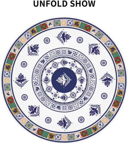 Mexican Round Tablecloth, Floral Bird Talavera Ceramic Tile Dia De Los Muertos Azulejo Mosaic Water Resisitant Table Cover for Dining Kitchen Living Room Home Party Holiday Decor 60 inch Round