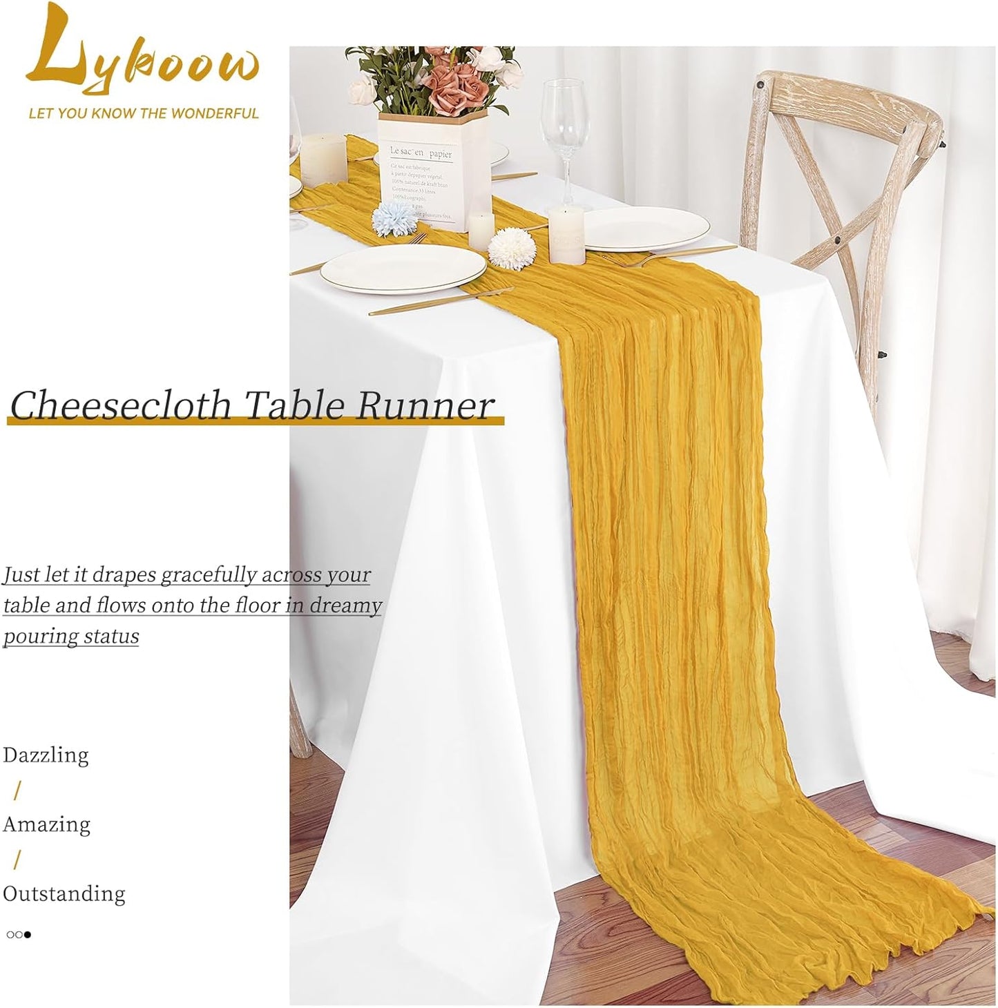 15 Packs Cheesecloth Table Runner Mustard Yellow,10 Ft Rustic Gauze Boho Wedding Table Runner Decoration,Wedding Table Decor Table Cloth for Wedding Party Bridal Shower Table,21.5x120in