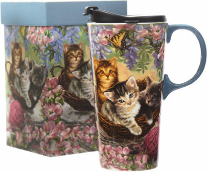 TZSSP Ceramic Coffee Mug,Coffee Travel Mug with Handle & Lid,Travel Cup for Porcelain,17 oz,Tall Tea Mug in Gift Box for Home & Office, Flower & Cat Art Pattern