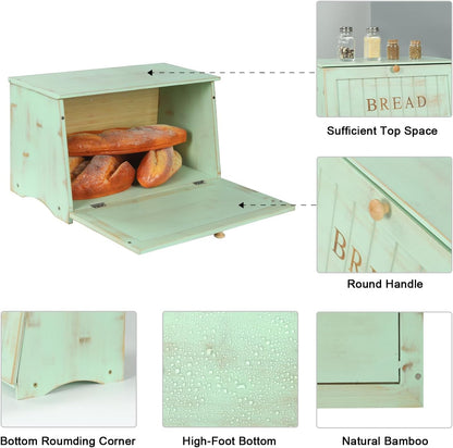 HOMEKOKO Large Wood Bread Box for Kitchen Counter, Retro Design Single Layer Bamboo Large Capacity Food Storage Bin (Mint Green)