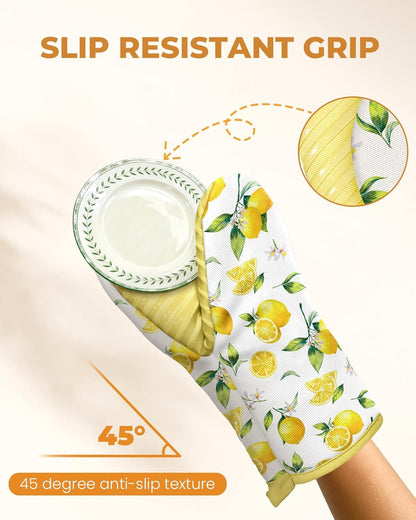 Slohif Lemon Mini Oven Mitts Set – Yellow Extended Short Heat Resistant Kitchen Gloves for Women, 100% Cotton Oven Mitts with Silicone Grips, Non-Slip and Thick Durable for Cooking & Baking