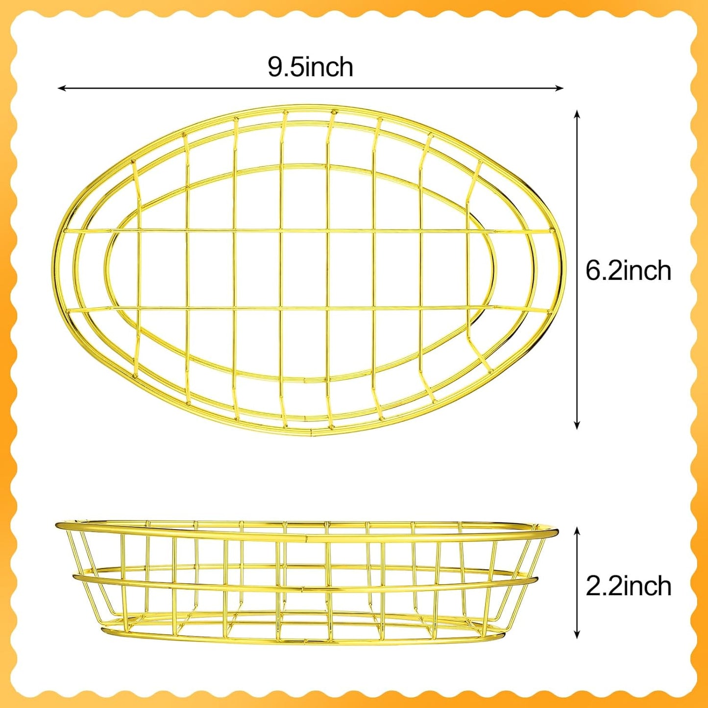 Hushee 24 Pcs Gold Wire Bread Basket 9. 5 x 6. 2 x 2. 2 Inch Oval Metal Dinner Roll Baskets Storage with 100 Sheets Deli Wrappers Paper for Kitchen Table Fast Food