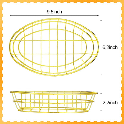 Hushee 24 Pcs Gold Wire Bread Basket 9. 5 x 6. 2 x 2. 2 Inch Oval Metal Dinner Roll Baskets Storage with 100 Sheets Deli Wrappers Paper for Kitchen Table Fast Food
