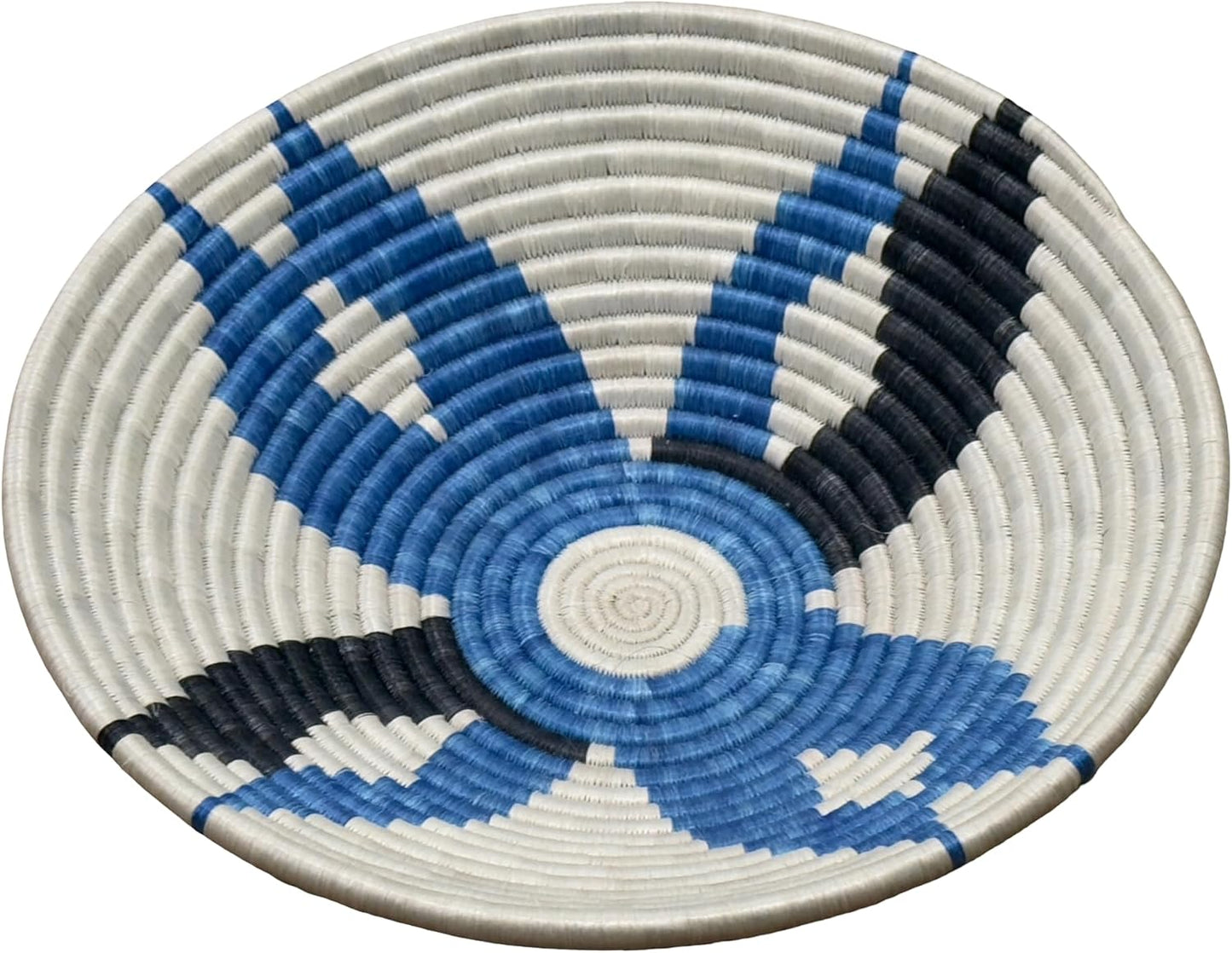 Handwoven African Basket Handmade sisal Fruit Bowl Wall Hanging decorative Baskets for Home Living Room Kitchen Centerpiece Zen Designs Arts and Crafts (Natural Blue Black, 8in diameter)