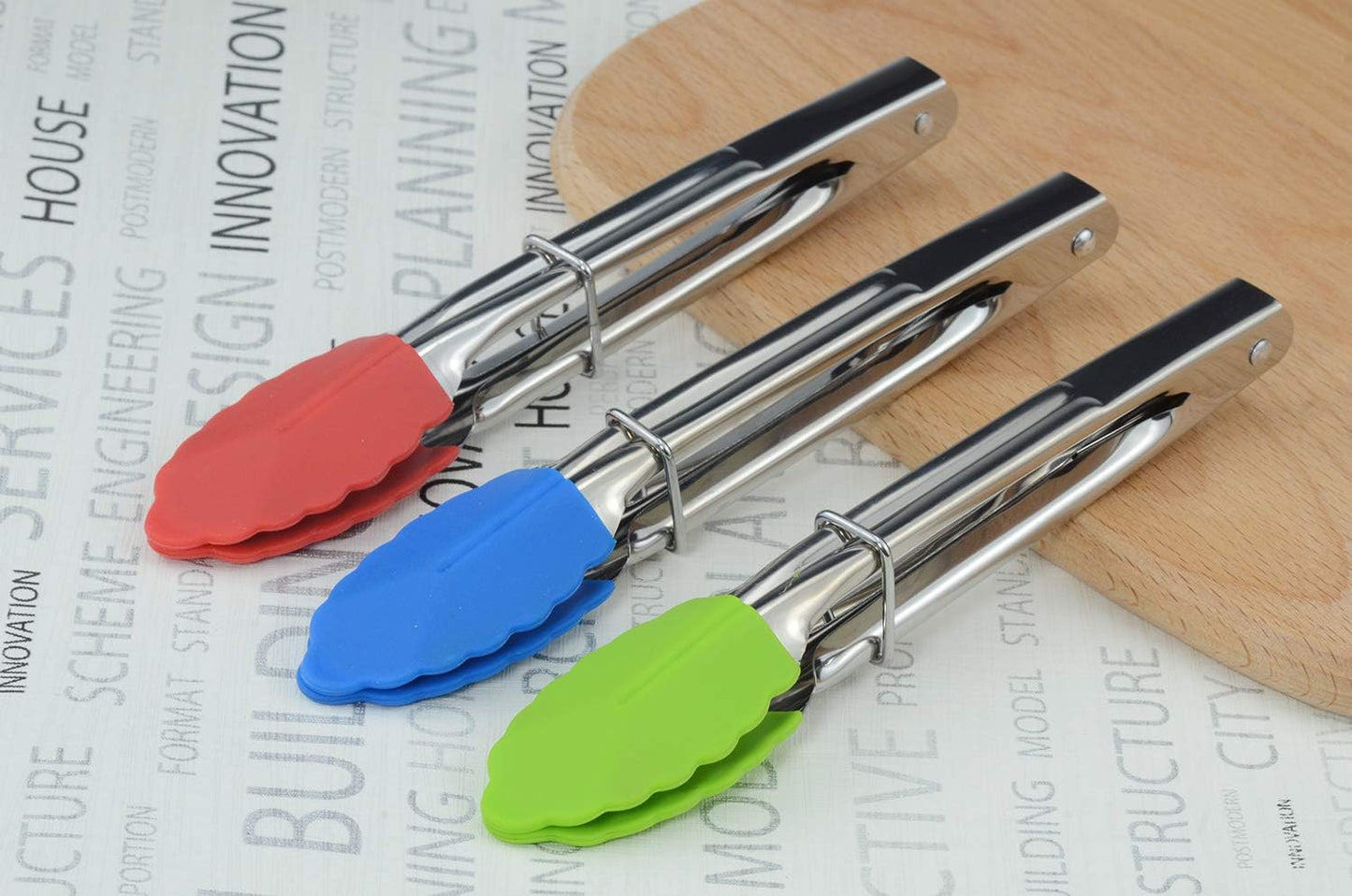 Mini Tongs with Silicone Tips 7-Inch Serving Tongs, Set of 3 (Green Red Blue)