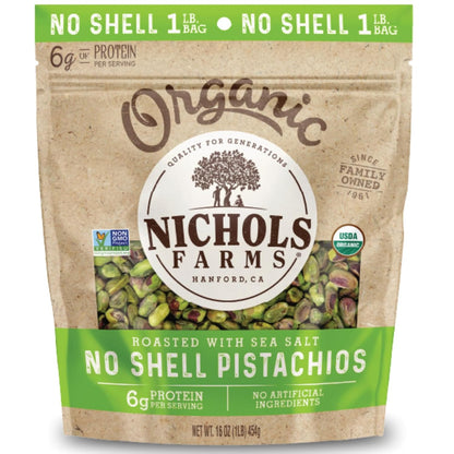 Nichols Farms Organic No Shell California Pistachios, Healthy Protein Snack, Roasted Sea Salt, 1LB
