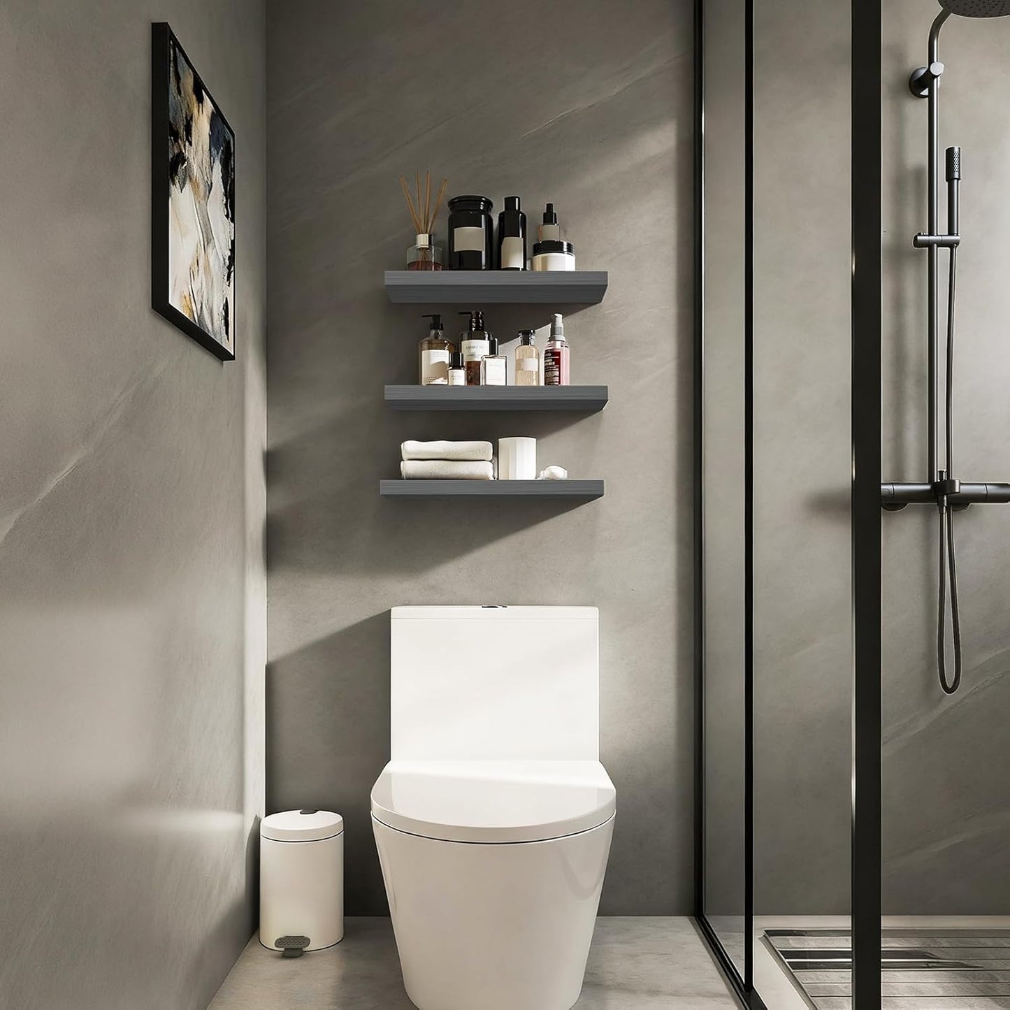 BAYKA Grey Floating Shelves for Wall, Wall Mounted Rustic Wood Shelves for Bathroom, Bedroom, Living Room, Kitchen,Small Hanging Shelf for Books/Storage/Room Decor (Set of 3, 15.7in)