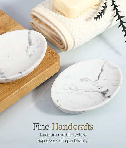 Luxspire Soap Dish, Resin Soap Tray Soap Holder Container Box, Marble Pattern Oval Soap Plate Case, Sponge Dish Scrubbers Tray Holder for Bathroom Vanity Shower Kitchen Sink Counter Top, Gravel White