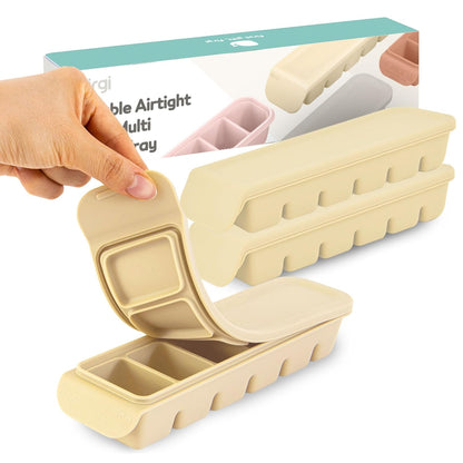 Silicone Ice Cube Freezer Tray with Lid, 100% Food-Grade Platinum Silicone,Leak Resistance & Dishwasher Safe for Baby Food Prep,Breast Milk,Purees - Korean Made (Beige 2-Pack 1 oz/6 Sections)