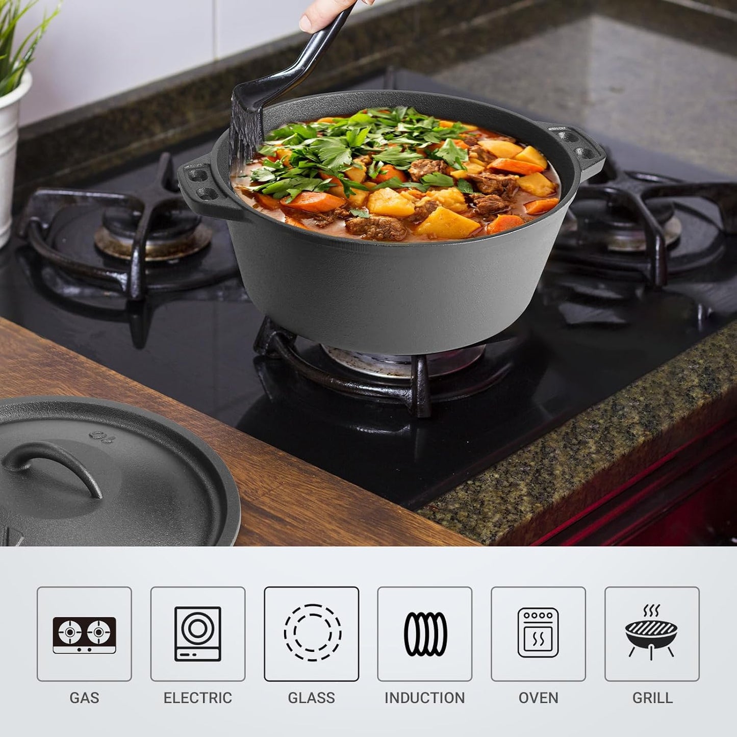 3 QT Cast Iron Dutch Oven with Lid – Pre-Seasoned Round Pot for Baking Bread, Stews & Camping – Small Dutch Oven for Oven, Stove, and Campfire Cooking