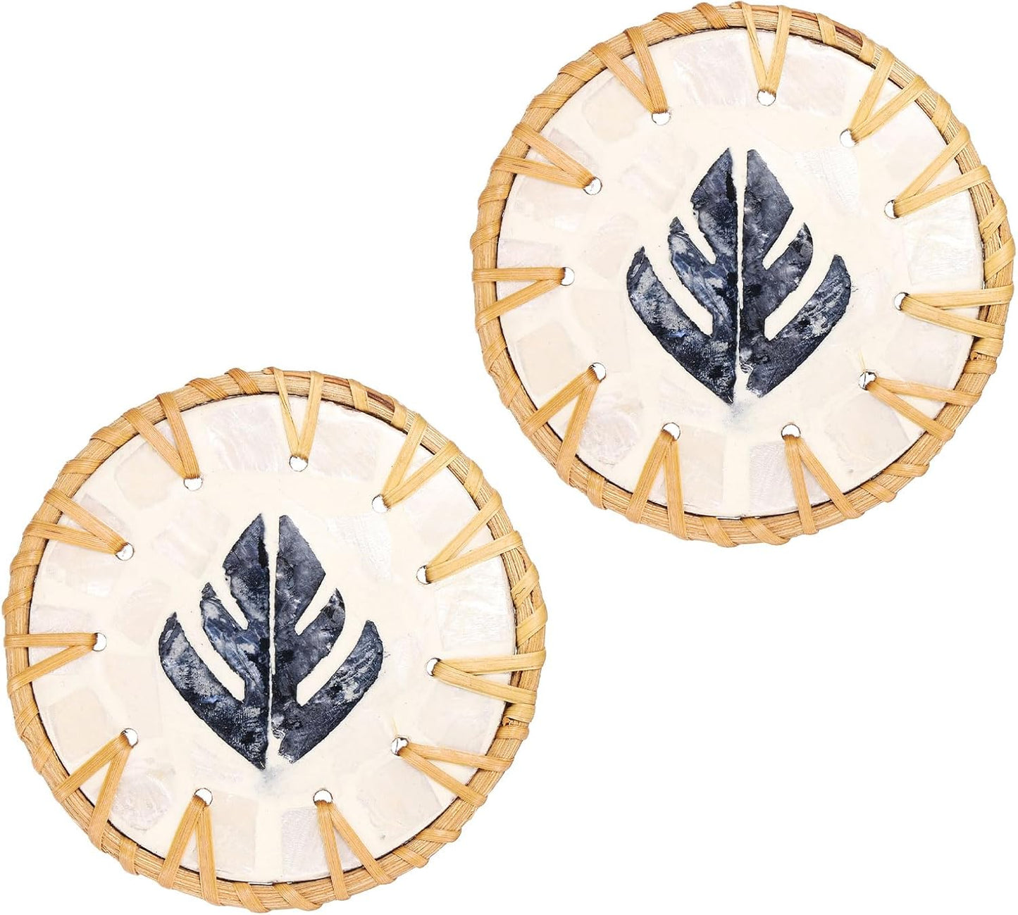 uxcell 2Pcs Handmade Woven Rattan Coasters, Heat-Resistant Drink Coasters for Coffee Table Dining Room Kitchen Coffee Wine Decor, Deep Blue Leaf