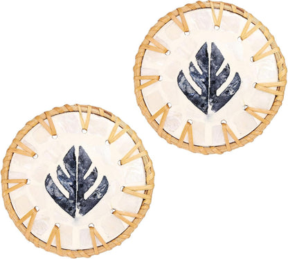 uxcell 2Pcs Handmade Woven Rattan Coasters, Heat-Resistant Drink Coasters for Coffee Table Dining Room Kitchen Coffee Wine Decor, Deep Blue Leaf