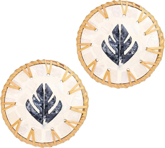 uxcell 2Pcs Handmade Woven Rattan Coasters, Heat-Resistant Drink Coasters for Coffee Table Dining Room Kitchen Coffee Wine Decor, Deep Blue Leaf