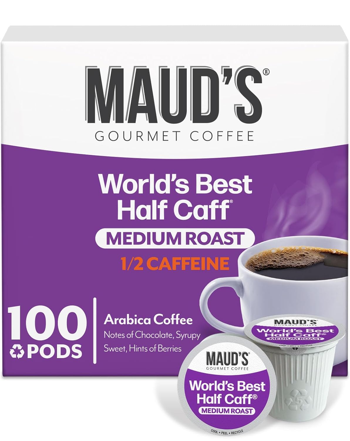 Maud's Half Caff Coffee Pods, 100 ct, Medium Roast Coffee in Recyclable Single Serve Pods – 100% Arabica Coffee, Compatible with Keurig K Cups Maker