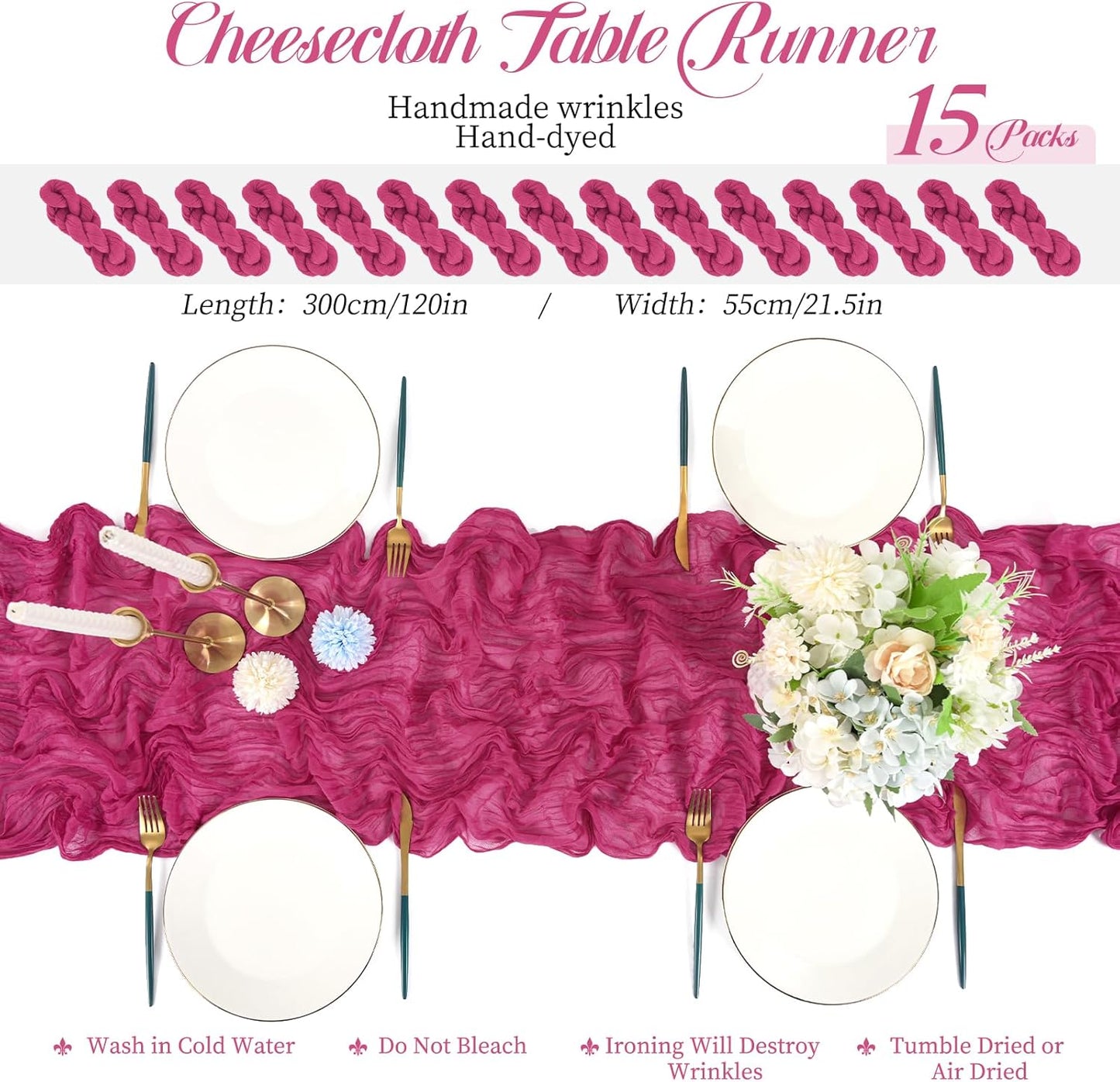 15 Packs Cheesecloth Table Runner Hot Pink,10 Ft Hot Pink Table Runner for Wedding, Rustic Gauze Boho Decoration for Wedding Party Bridal Shower,21.5x120in