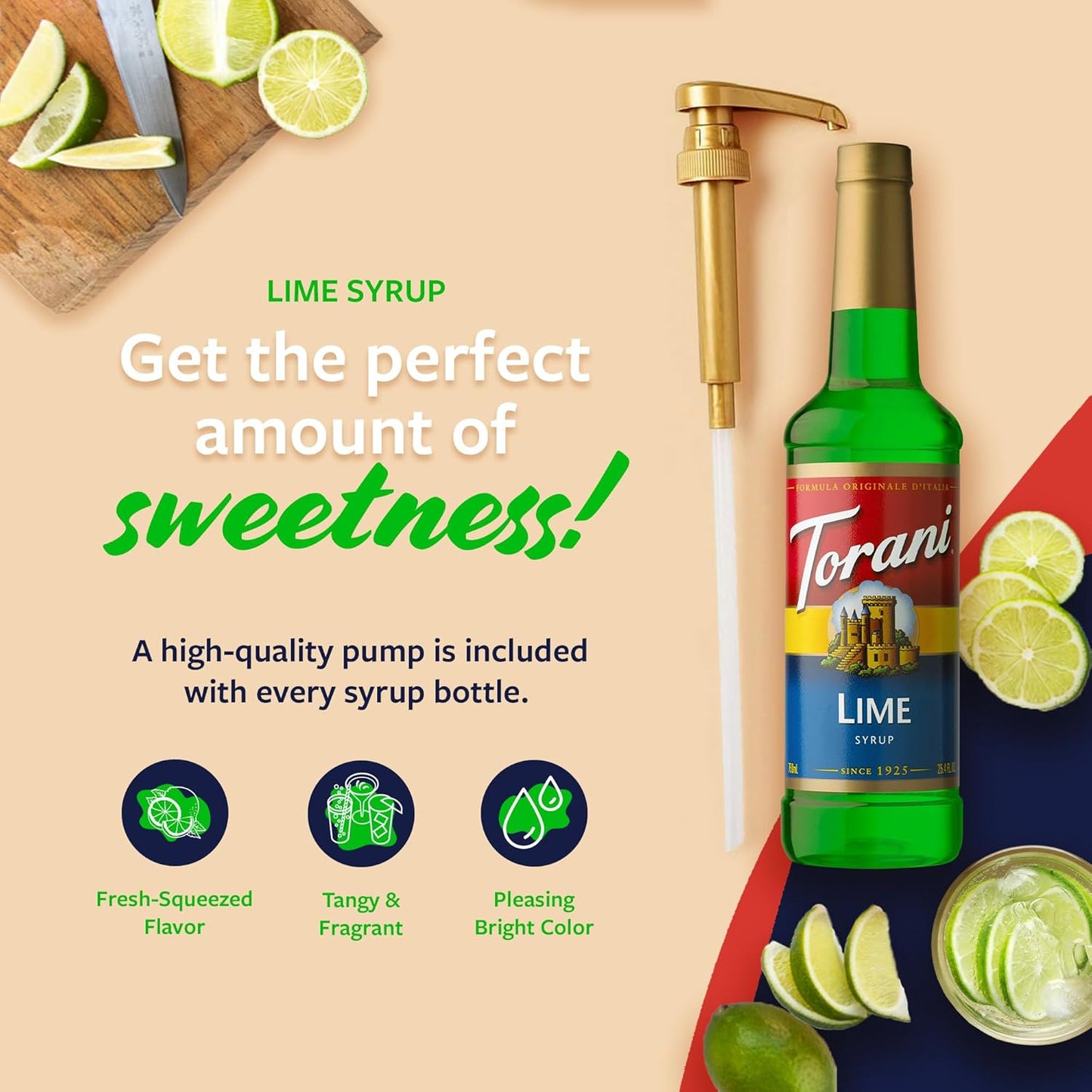 Torani Lime Syrup for Drinks, Flavoring for Iced Tea, Limeade, and Sodas, Pump Included, 25.4 Oz