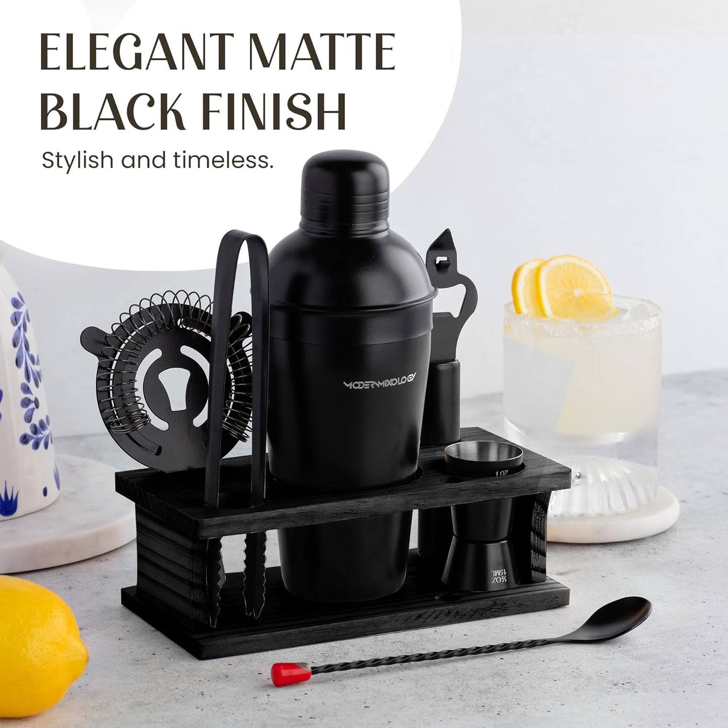Modern Mixology Cocktail Shaker Set - 8 Piece Bartender Kit with Martini Shaker and Popular Bar Accessories on Quality Pine Stand - Leak Proof Design (Black)