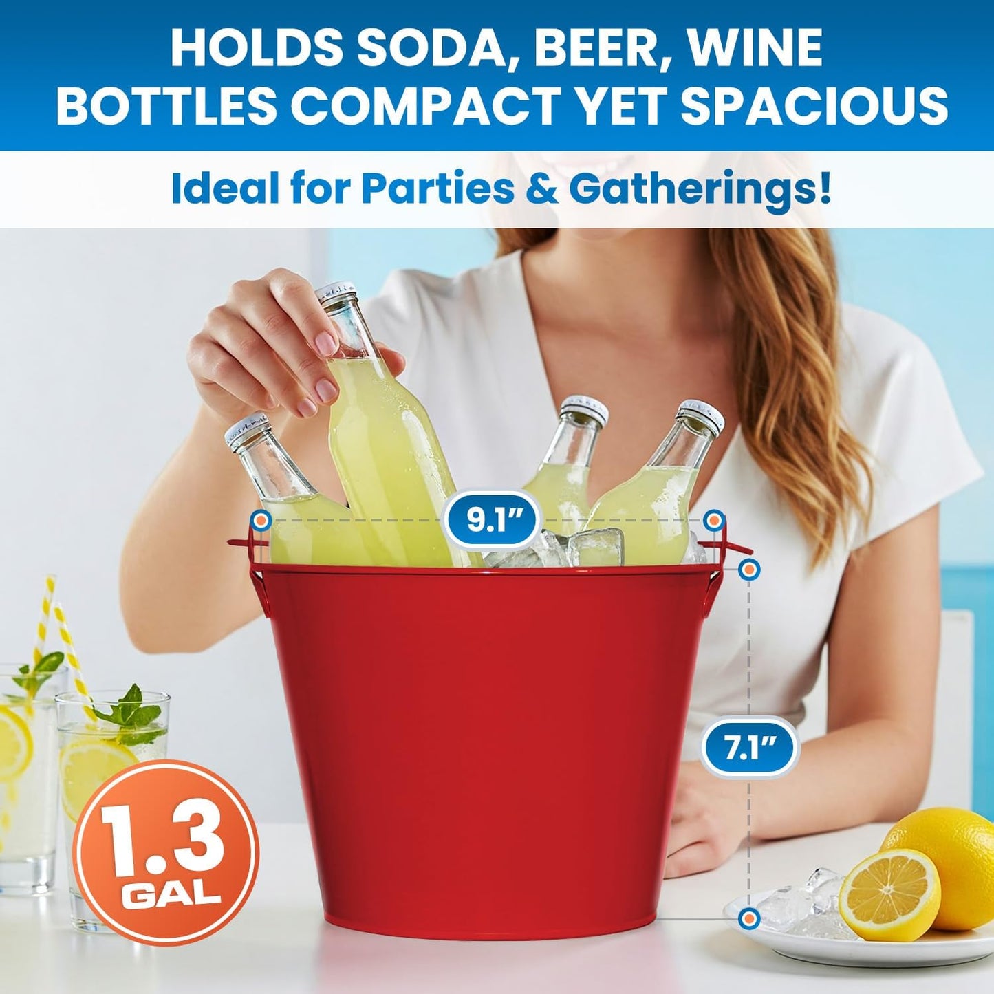 PLEXON Galvanized Metal Ice Bucket for Parties Coctail Bar Restaurant - Drink Beer Champagne Metal Pail Bucket with Handle, Beverage Chiller Cooler Small 1.3 Gallon, Red - Set of 6