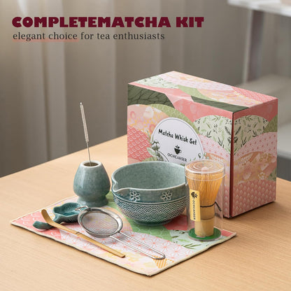 Matcha Tea Set, 8 Pcs Japanese Matcha Kit with Cherry Blossom and Wave Design Ceramic Bowl, Bamboo Whisk, Whisk Holder, Scoop, Sifter, Brush, Matcha Kit Set for Matcha Lovers (Blue)