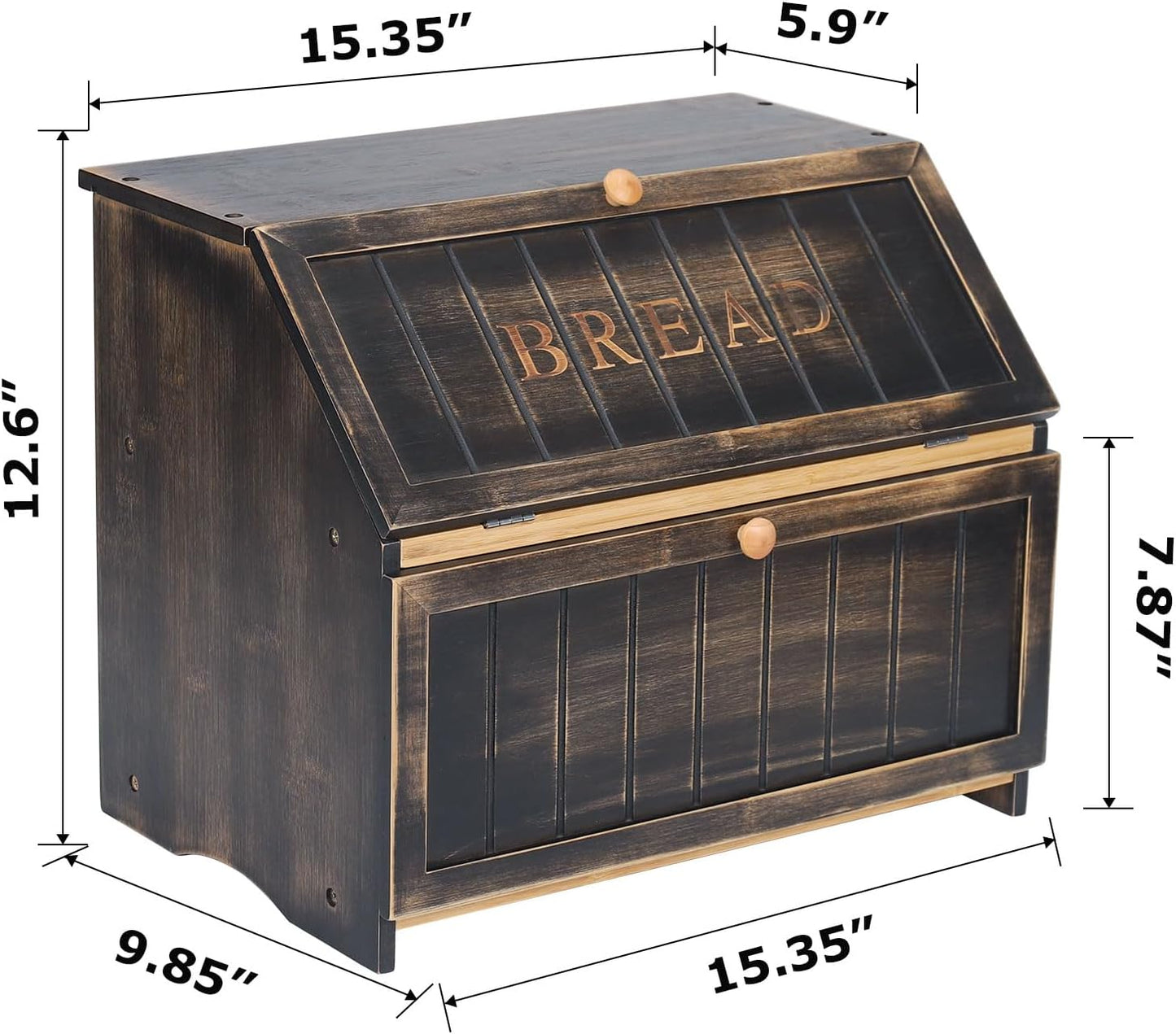 HOMEKOKO Double Layer Large Bread Box for Kitchen Counter, Retro Design Wooden Large Capacity Bread Storage Bin (Vintage Black)