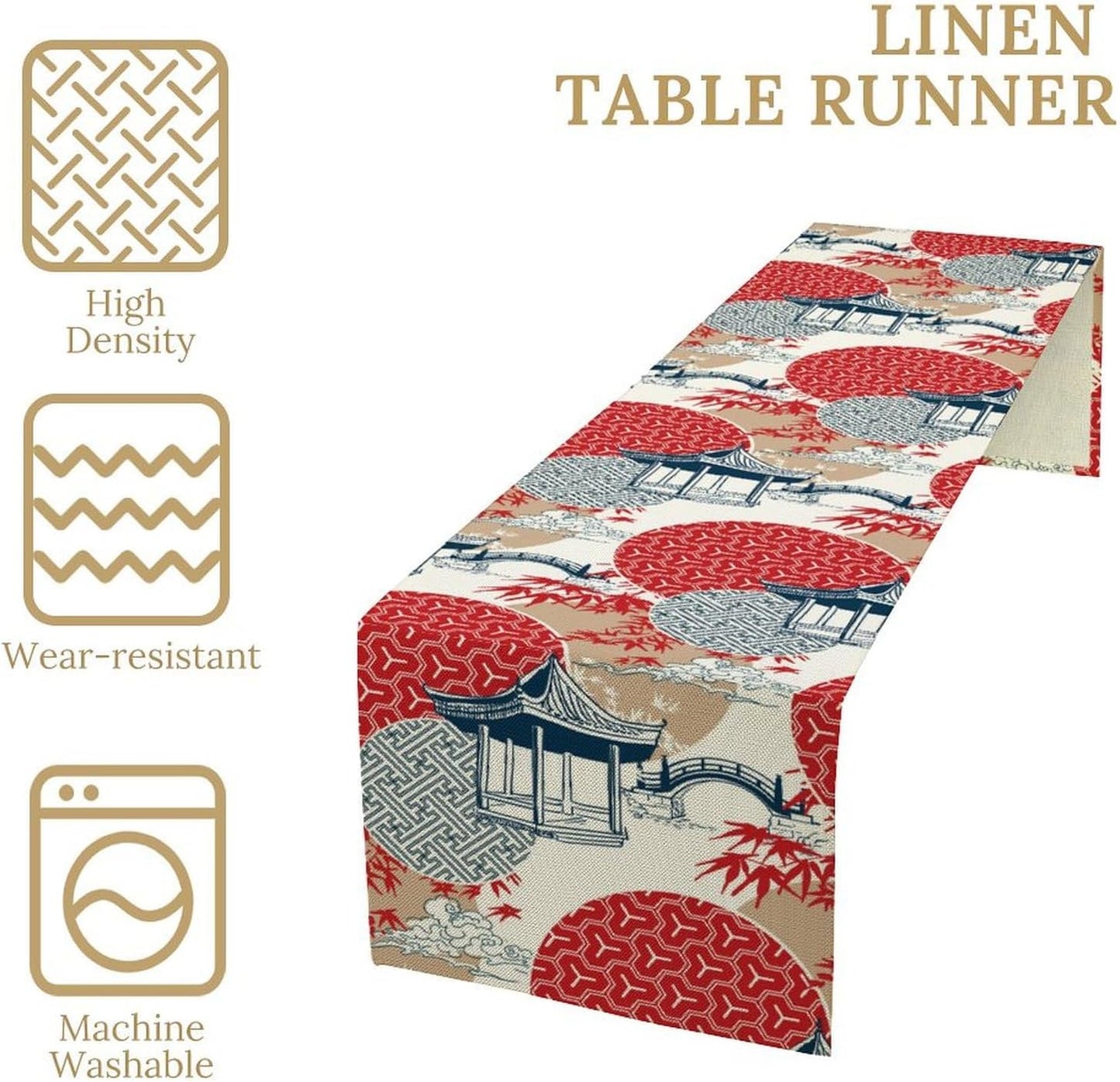 Asian Style Landscape Dinning Table Runner, Oriental Line Geometry Wave Traditional Elements Red White Table Runner for Kitchen Home Party Dinner Set, 13x108 Inch