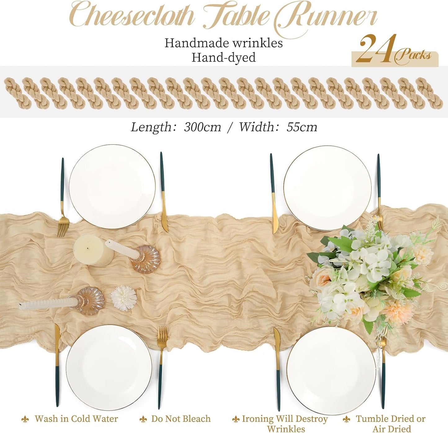 24 Packs Cheesecloth Table Runner Beige,10 Ft Rustic Gauze Boho Wedding Table Runner Decoration, Wedding Table Decor Table Cloth for Wedding Party Bridal Shower Table,21.5x120in