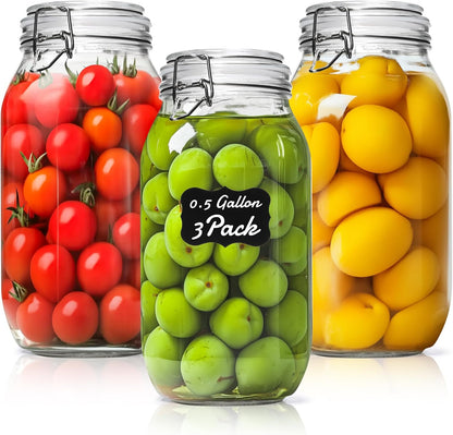 ComSaf Large Glass Jars with Lid 0.5 Gallon, Large Mason Jars Set of 3, Glass Canisters with Airtight Lids, Half Gallon Canning Jar with Seal Wire Clip Fastening for Kitchen, Pickle, Flour, Sugar