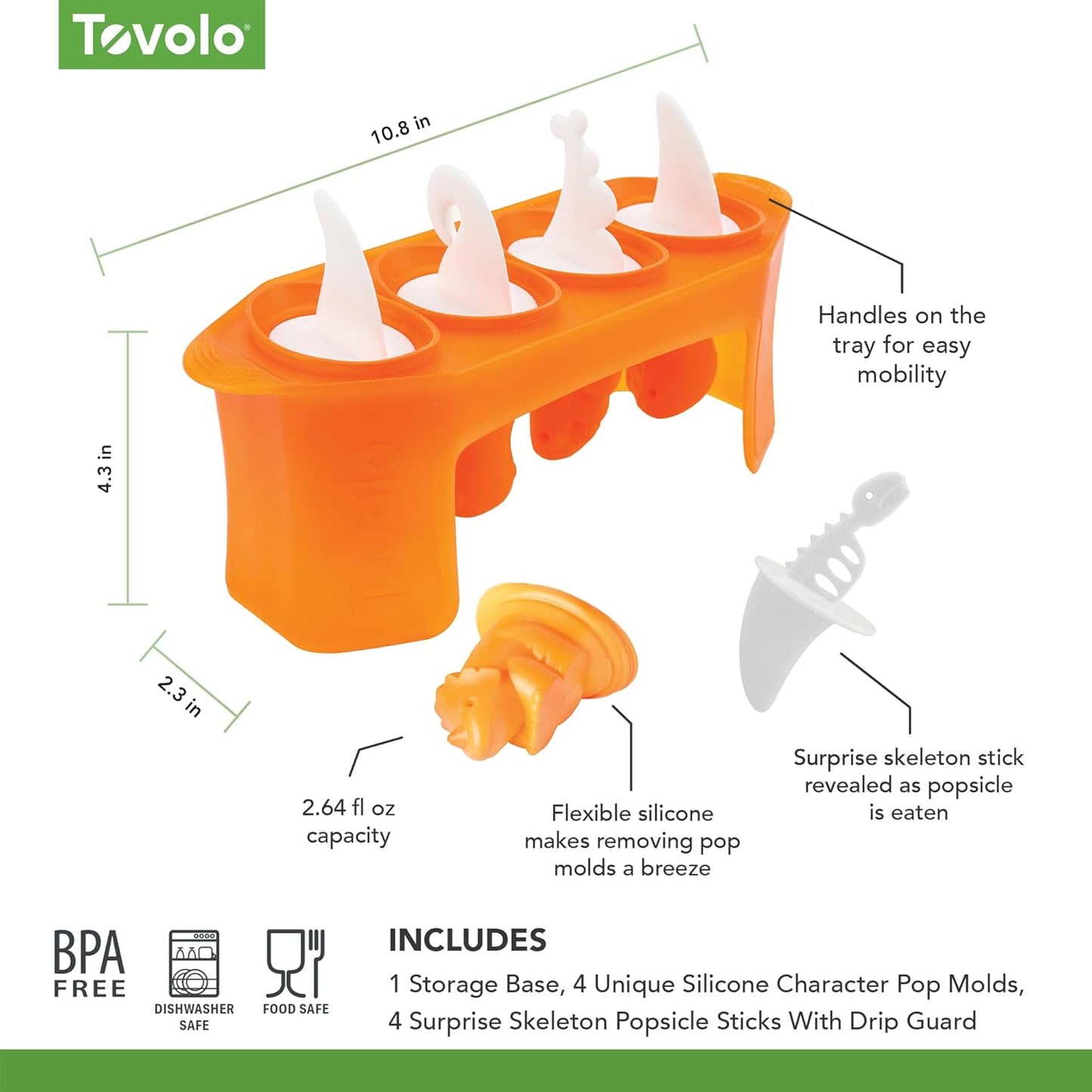 Tovolo Silicone Popsicle Molds with Sticks (Dino) - Ice Pop Molds with 4 Cavities for Homemade Flavored Ice Pops & Frozen Snacks - Popsicle Maker with Drip-Guards, Dishwasher Safe & BPA-Free