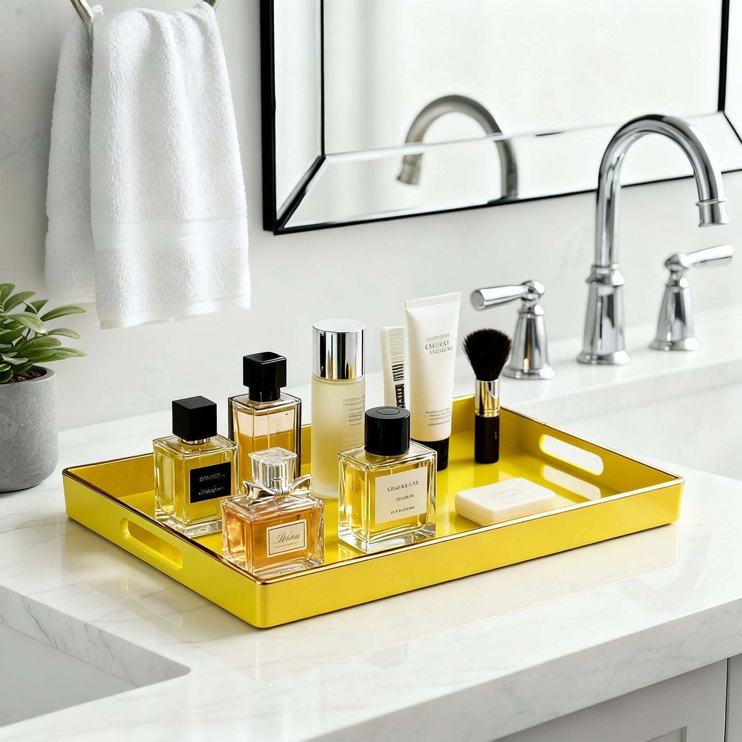 Zosenley Decorative Plastic Serving Tray with Handles, Modern Vanity Organizer for Bathroom, Kitchen, Ottoman and Coffee Table (Yellow, Rectangular)