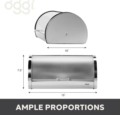 Oggi Stainless Steel Roll Top Bread Box for Kitchen Countertop with Frosted Plexilass Lid - Fits Multiple Loaves of Bread and Other Freshly Baked Goods Including Cookies, Bagels, Muffins