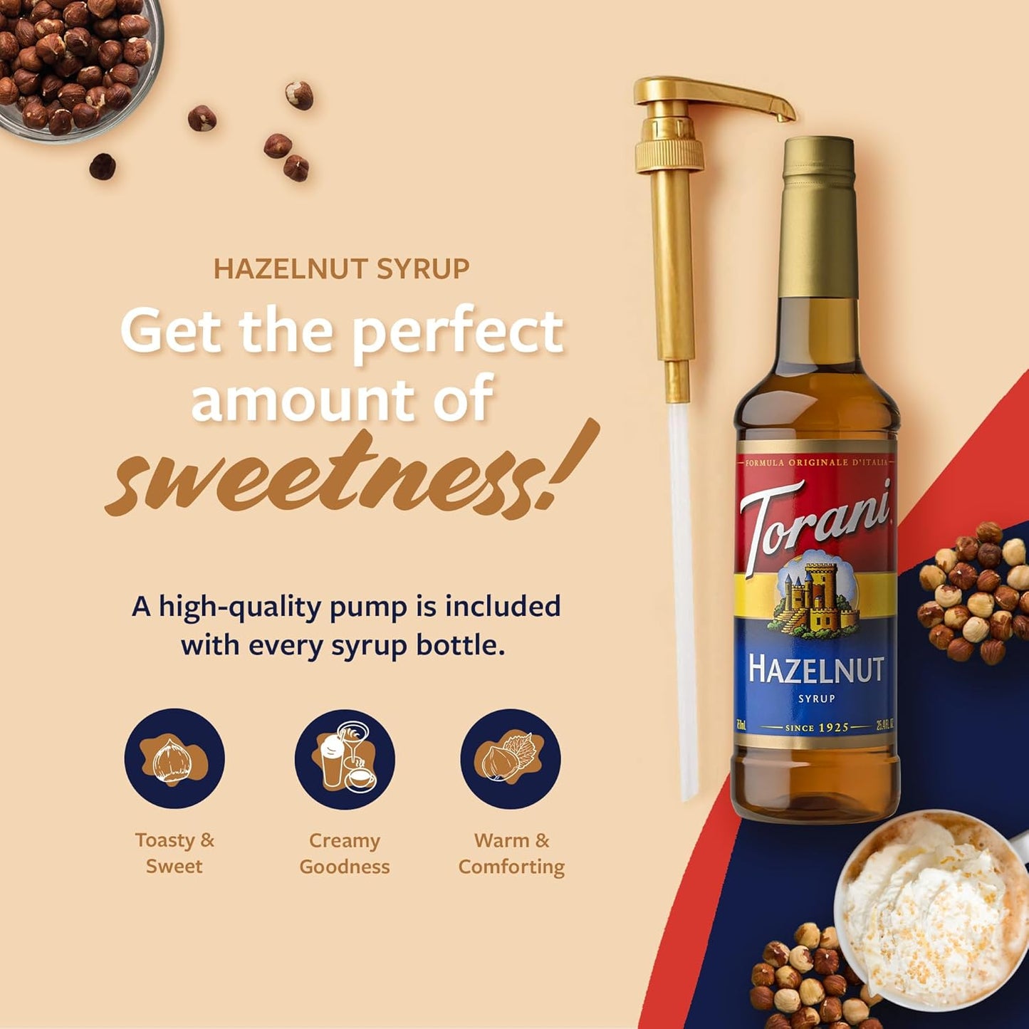 Torani Coffee Syrup, Hazelnut Flavored Syrup for Drinks, Pump Included, 25.4 Fl Oz