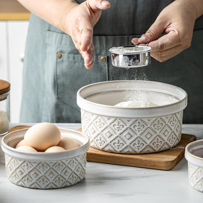 Airtight Food Storage Containers with Lids Mixing Bowls Set, Ceramic Serving Bowls with Lids Set of 4, 12/16/28/40 oz Stackable Nesting Salad Bowls for Cooking, Baking, Ramen - Beige