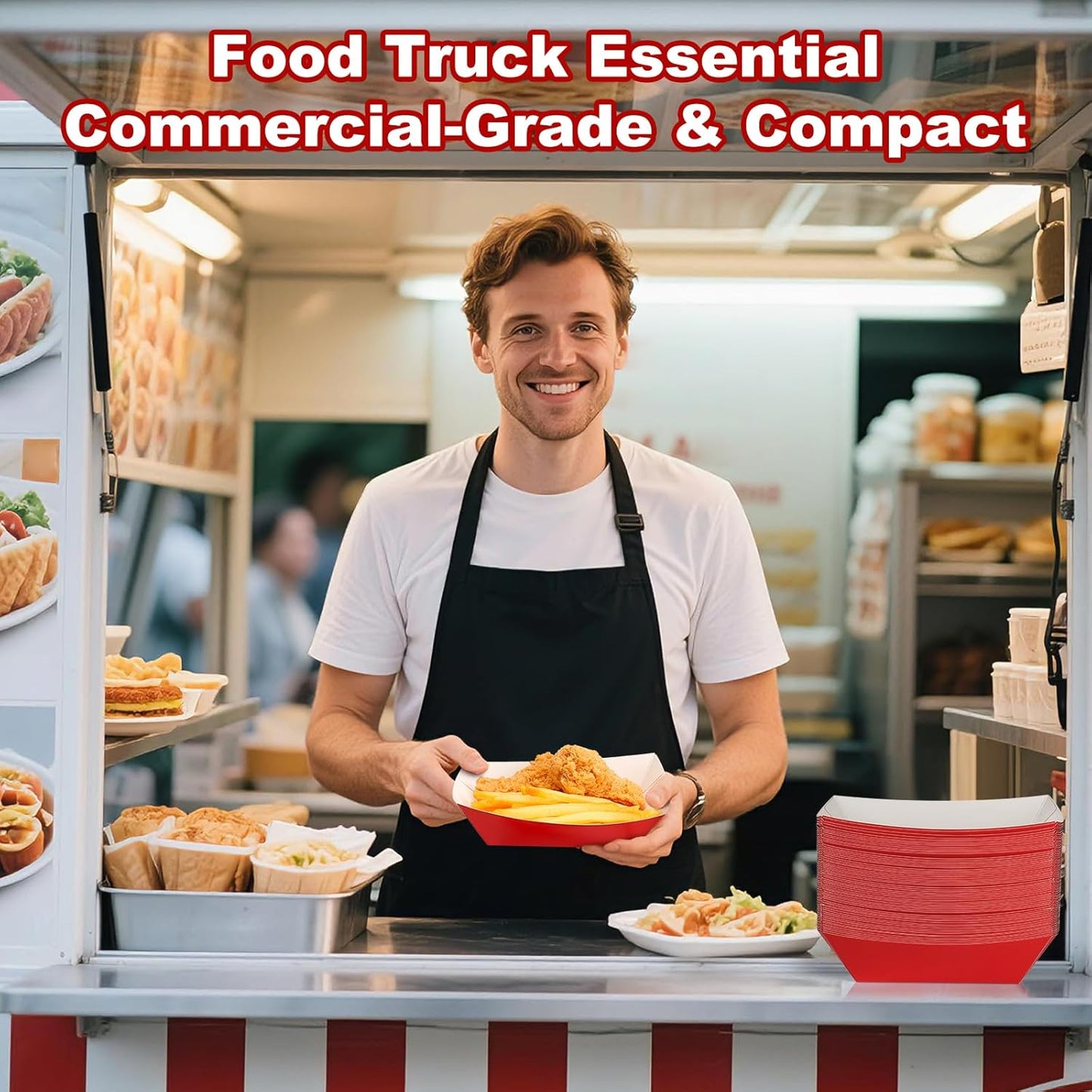 50 Pcs 2lb Paper Food Boat Trays Disposable，Snack Tray，Food Trays for Snack French Hot Dog Taco Popcorn Picnic party Wedding，Concession Stand Supplies (Red)