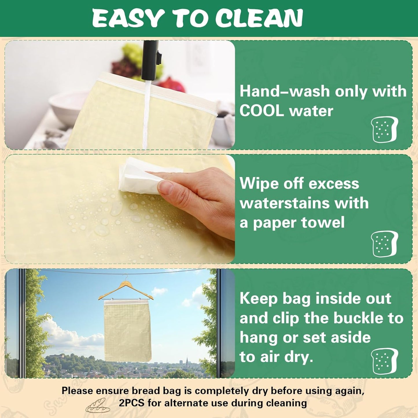 Augshy 2 PCS Beeswax Bread Bags, Beeswax Bag with Zipper Green Plaid Stripes Reusable Cotton Material Large Capacity Food Storage Bags for Sourdough Homemade Bread Boxes