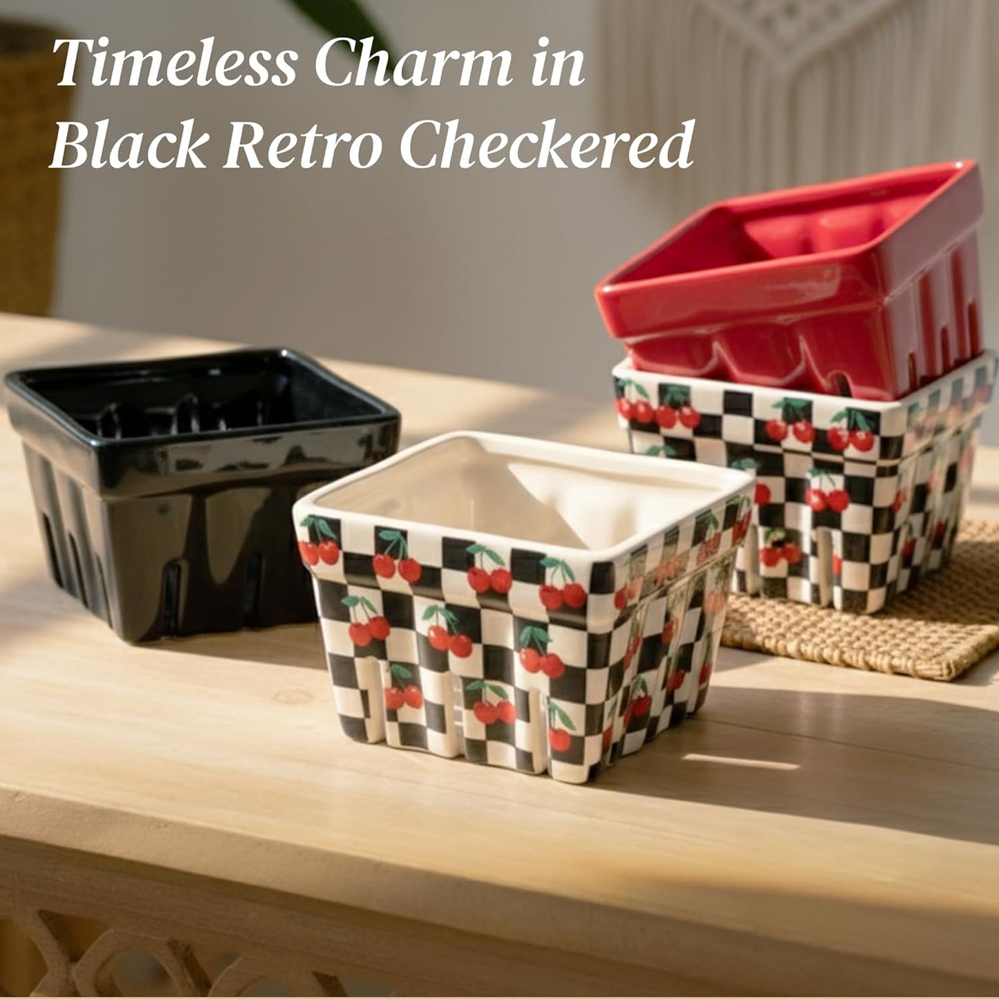 BIEN BEAU Ceramic Berry Basket -Checkered black and White with red Cherries pattern-Colander -Modern Kitchen Decor Fruit Bowls - Checkerboard Fruit Baskets, Farmer's Market Harvest Bowls Set of 4