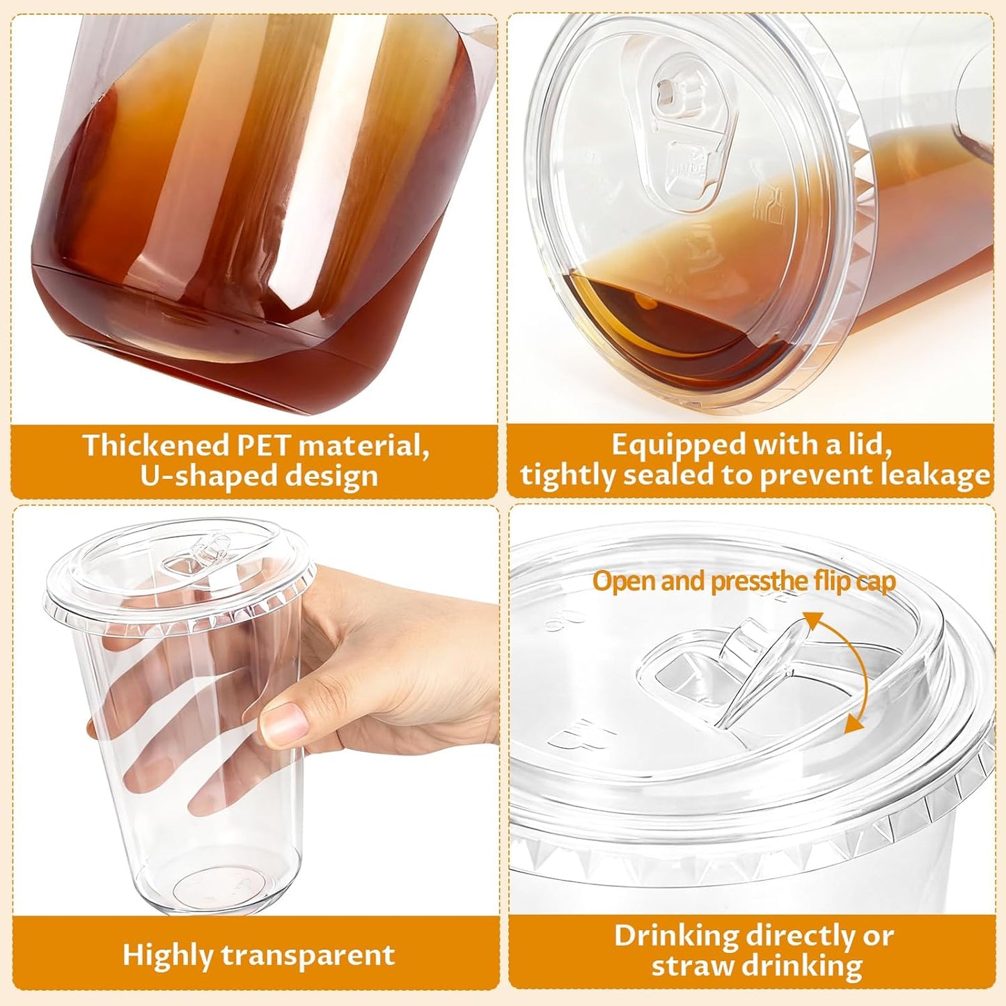 50 Set 16 oz Plastic Iced Coffee Cups with Strawless Sip Lids, Clear Rounded Bottom Plastic Cups with Lids, Disposable To Go Iced Coffee Cups with Lid for Coffee, Juice, Cold Drinks, Latte