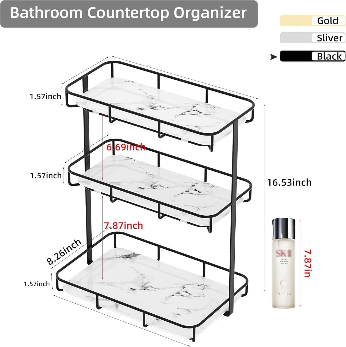 Bathroom Organizer Countertop Perfume Organizer Makeup Organizer Cosmetics Storage Display Rack Vanity Tray Dresser Stainless Steel Gold Shelf White Marble Ceramic Tray