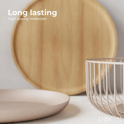 Fruit Basket for Kitchen - Multi-Purpose Stackable Basket with Wooden Lid - Powder Coated Metal and Rubber Wood - Wire Baskets for Organizing - Minimal Design - 11.4''x11.4''x4.5'' - Peach