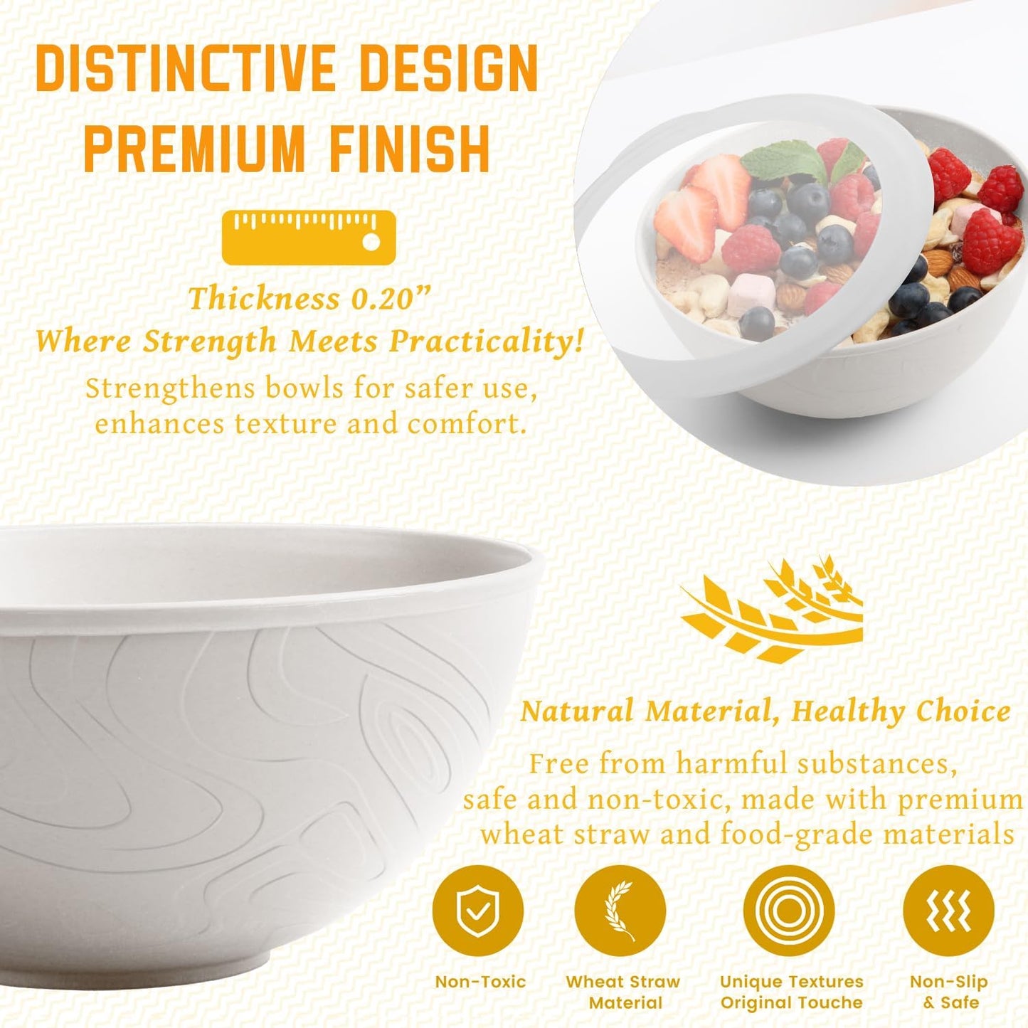 Homienly Wheat Straw Cereal Bowls with Lids, Unbreakable Plastic Bowls Set of 4, Microwave and Dishwasher Safe Food Storage Container for Lunch, Soup, Ramen, 40 OZ Bowls with Curved Texture, White
