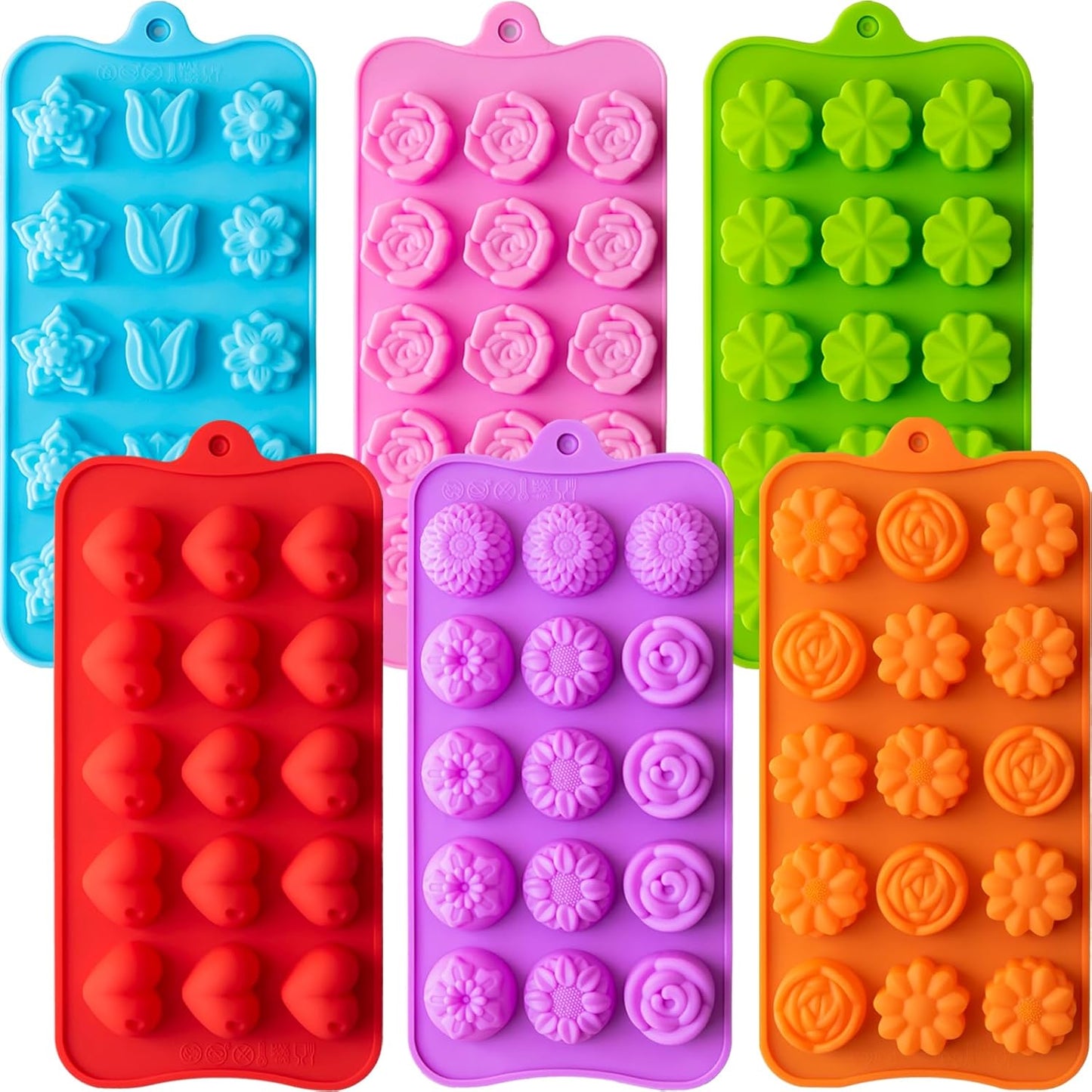 6 Pack Flower Shape Chocolate Candy Molds Silicone, Food-Grade Non-Stick Jello & Baking Molds, Crayon Molds, BPA-Free, Including Heart, Rose, Tulip, Daisy, Sunflower, and Other Flowers (Multicolor)