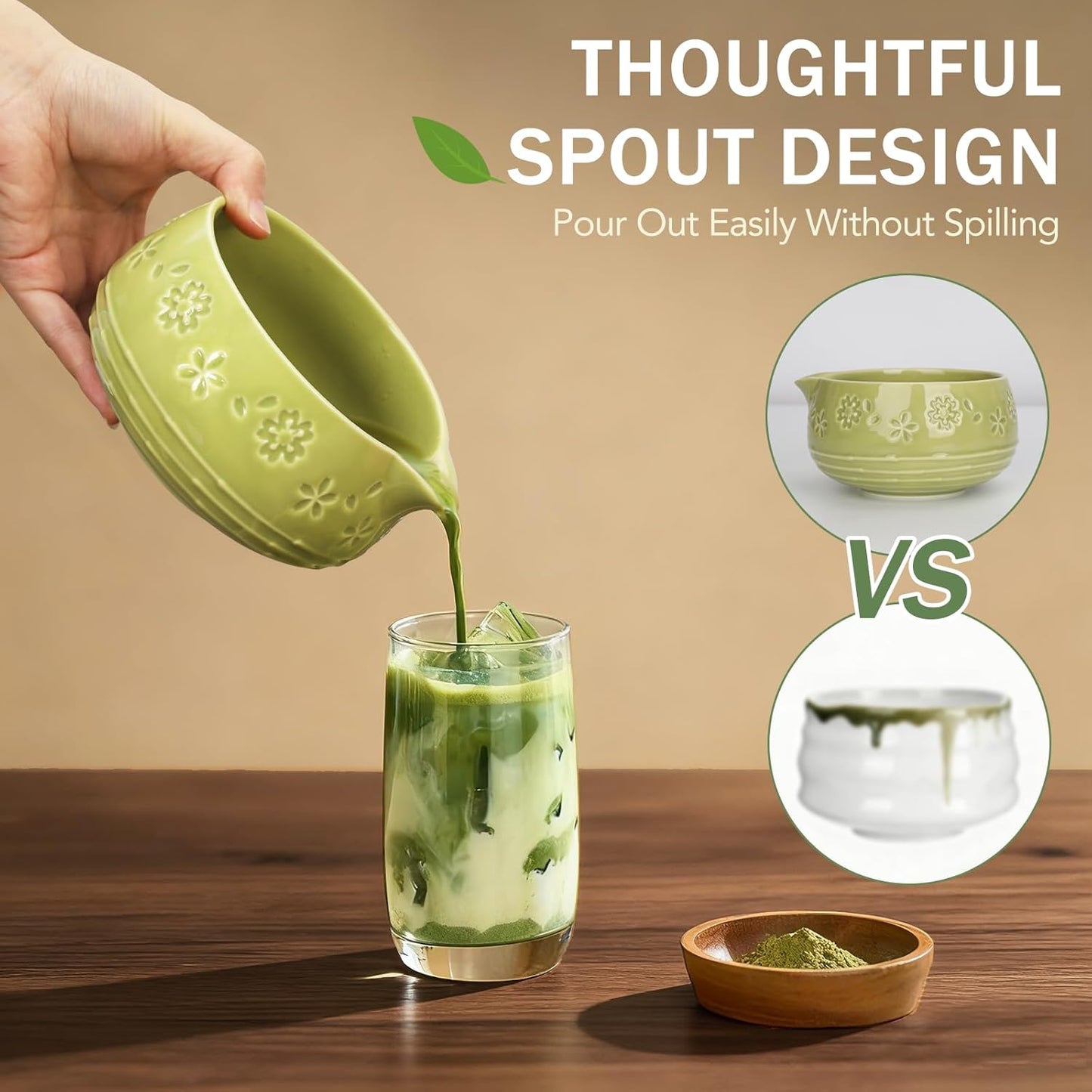 Matcha Whisk Set, Ceramic Bowl with Spout, Bamboo Matcha Whisk & Spoon, Chasen Holder, Scoop Rest, Sifter, 8-Pcs Japanese Matcha Powder Kit–Gift for Ceremony & Matcha Lovers-Matcha Green