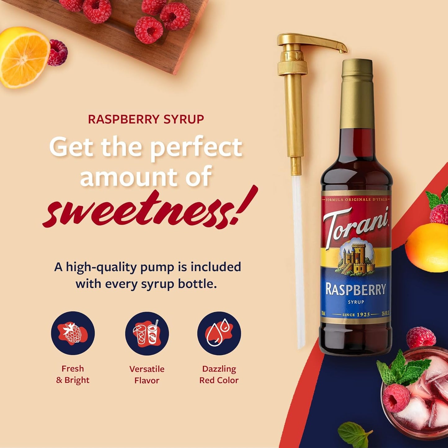 Torani Raspberry Syrup for Drinks, Flavoring for Iced Tea, Lemonade, and Sodas, Pump Included, 25.4 Oz