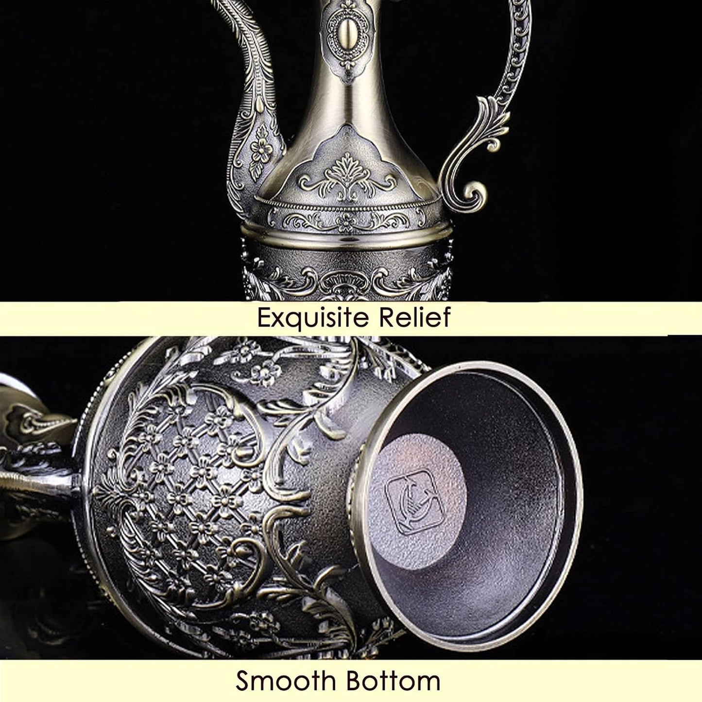 Vintage Turkish Coffee Pot and Cups Set,Tea Service Set Including Teapot,Tea Tray and Metal Cups for Wine Cabinet Decor,Wedding Ornaments (Bronze with Yellow Crystal)