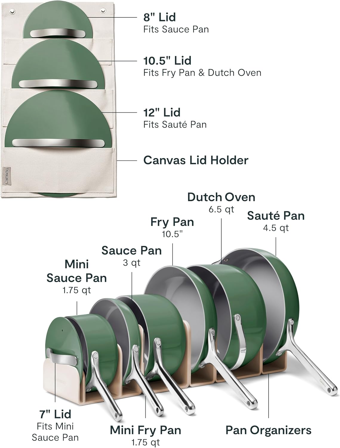 Caraway Deluxe Non-stick Ceramic Cookware Set (16 Piece) Pots, Frying Pans, Lids and Kitchen Storage - PFAS & PFOA Free - Oven Safe Pan Set & Compatible with All Stovetops - Sage