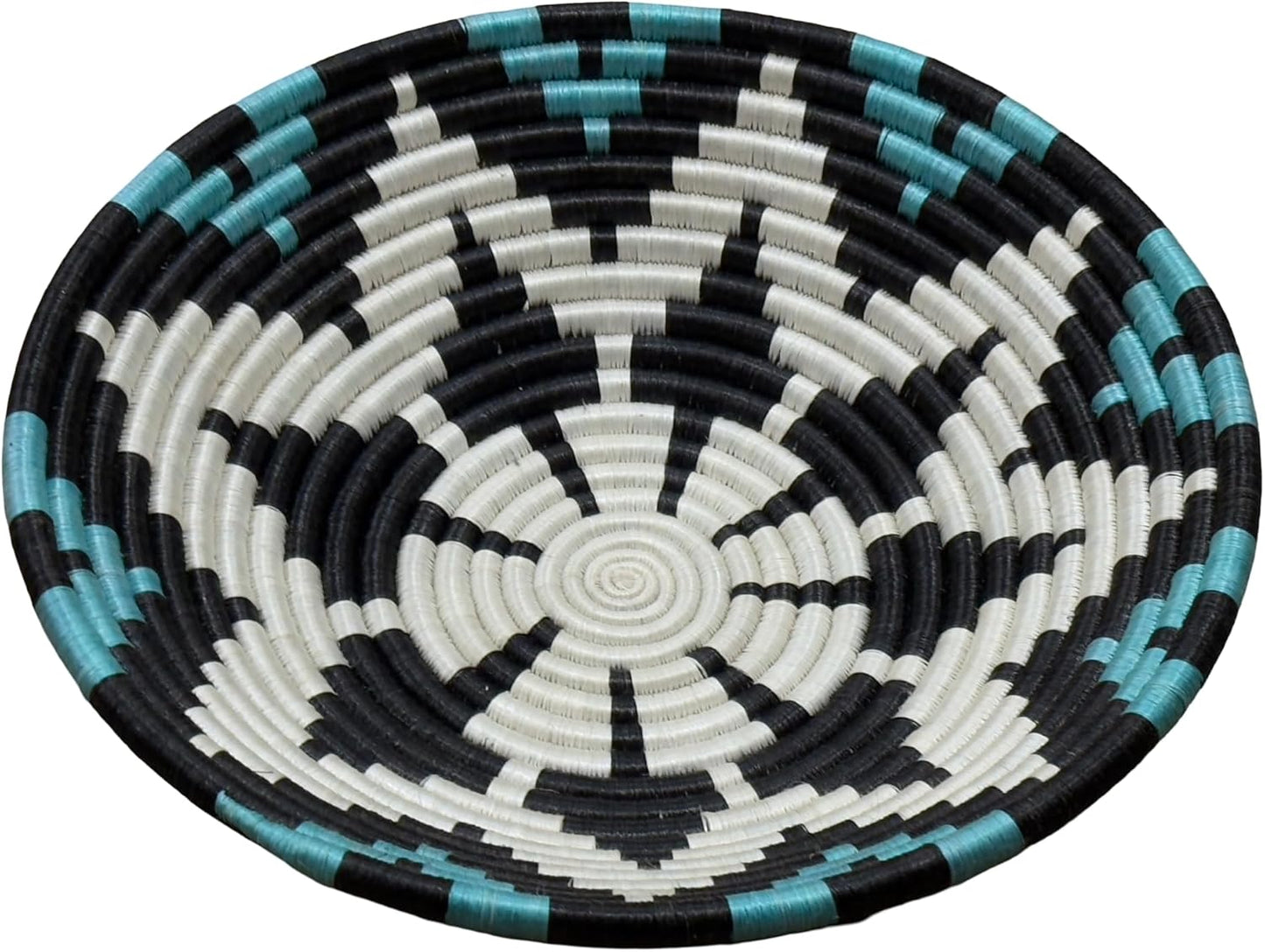 Handwoven African Basket Handmade sisal Fruit Bowl Wall Hanging decorative Baskets for Home Living Room Kitchen Centerpiece Zen Designs Arts and Crafts (Blue Black Natural, 8in diameter)