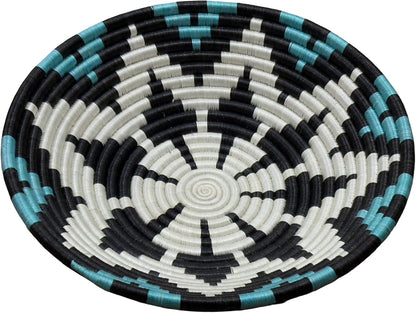 Handwoven African Basket Handmade sisal Fruit Bowl Wall Hanging decorative Baskets for Home Living Room Kitchen Centerpiece Zen Designs Arts and Crafts (Blue Black Natural, 12in diameter)