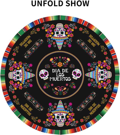 Mexican Round Tablecloth, Traditional Colorful Skull Floral Dia De Los Muertos Azulejo Mosaic Mexico Water Resisitant Table Cover for Dining Kitchen Living Room Home Party Holiday Decor 36 inch Round