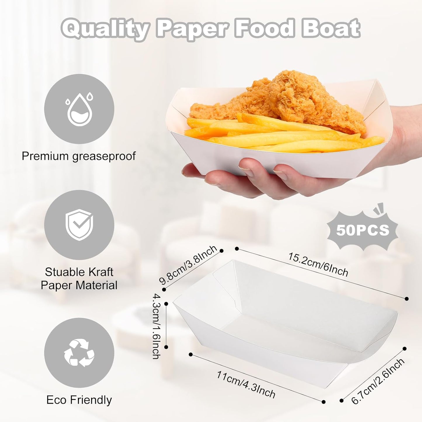 50 Pcs 2lb Paper Food Boat Trays Disposable，Snack Tray，Food Trays for Snack French Hot Dog Taco Popcorn Picnic party Wedding，Concession Stand Supplies (White)